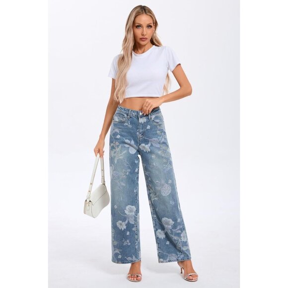 Women's Floral High Waisted Straight Leg Stretch Denim Jeans Summer Casual - Picture 7 of 7